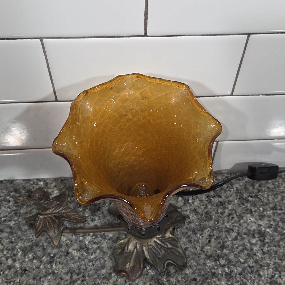 Amber Glass Tulip Table Lamp with Bronze Leaf Base - Picture 4 of 7